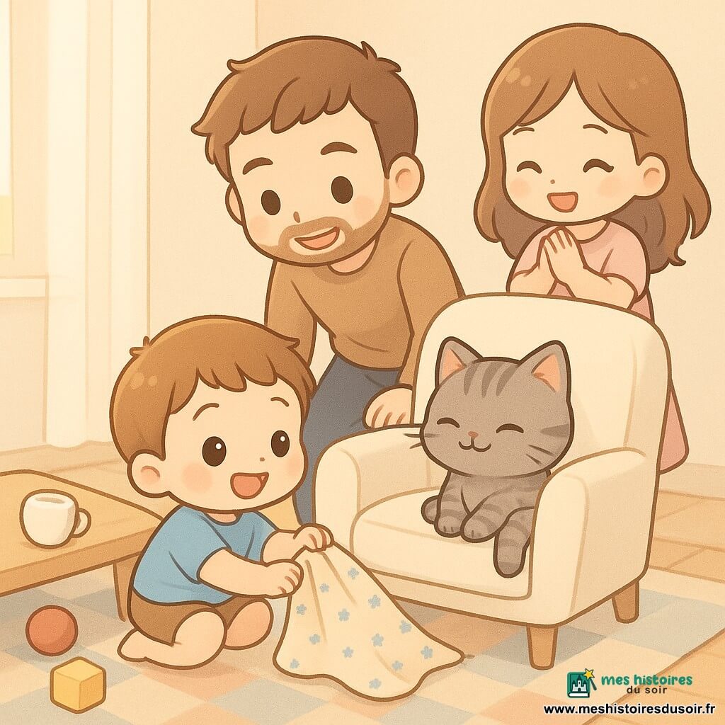 Un garçon de 2 ans aux cheveux châtain clair, joyeux et émerveillé, s'accroupit pour tirer doucement un doudou beige à petites étoiles bleues de sous un chat gris tigré assis sur un fauteuil en velours crème qui se cambre et ronronne; derrière, le père (~35 ans) à la barbe légère, souriant, penché pour encourager, et la mère (~33 ans) en robe rose applaudissant doucement; salon petit et cosy, tapis moelleux à motifs géométriques, table basse en bois clair avec une tasse renversée et des jouets (balle rouge, cubes jaunes), lumière douce du matin à travers des rideaux blancs; scène tendre et drôle aux couleurs pastel, textures douces, composition centrée sur l'enfant, le chat et le fauteuil, ambiance chaleureuse et sécurisante.