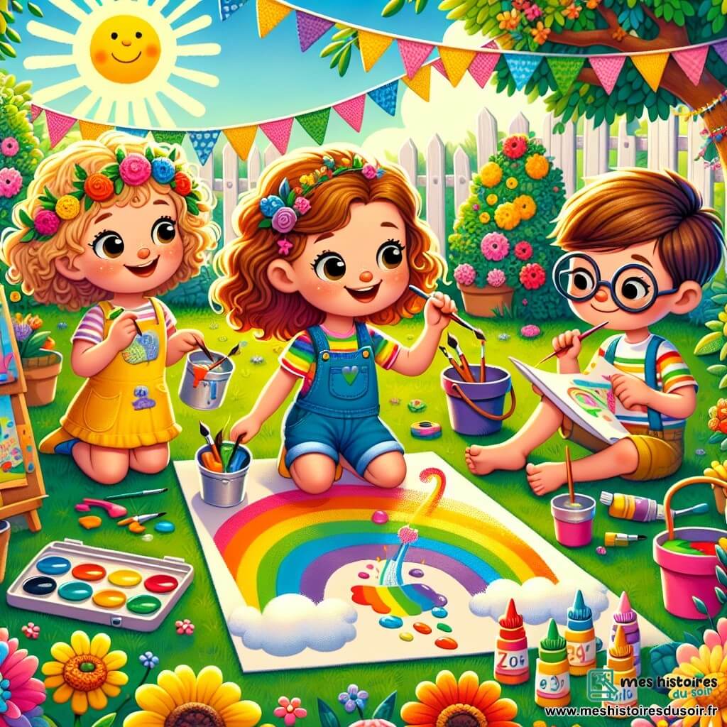 Zoé, une petite fille de 6 ans aux cheveux bruns et bouclés, porte un short jaune vif et un T-shirt avec un arc-en-ciel. Elle sourit joyeusement en tenant un pinceau et un pot de peinture. À ses côtés, Lila, également âgée de 6 ans avec des cheveux bouclés et blonds, est en robe rose et rit en peignant un arc-en-ciel sur une grande feuille. Hugo, un garçon de 6 ans avec des lunettes et des cheveux châtains, est assis sur l'herbe, concentré sur son dessin d'une fusée. Ils se trouvent dans un jardin ensoleillé, rempli de fleurs colorées et de tables de bricolage. Ensemble, ils peignent joyeusement sous le ciel bleu, entourés de rires et de créativité, célébrant leur été au camp de loisirs.