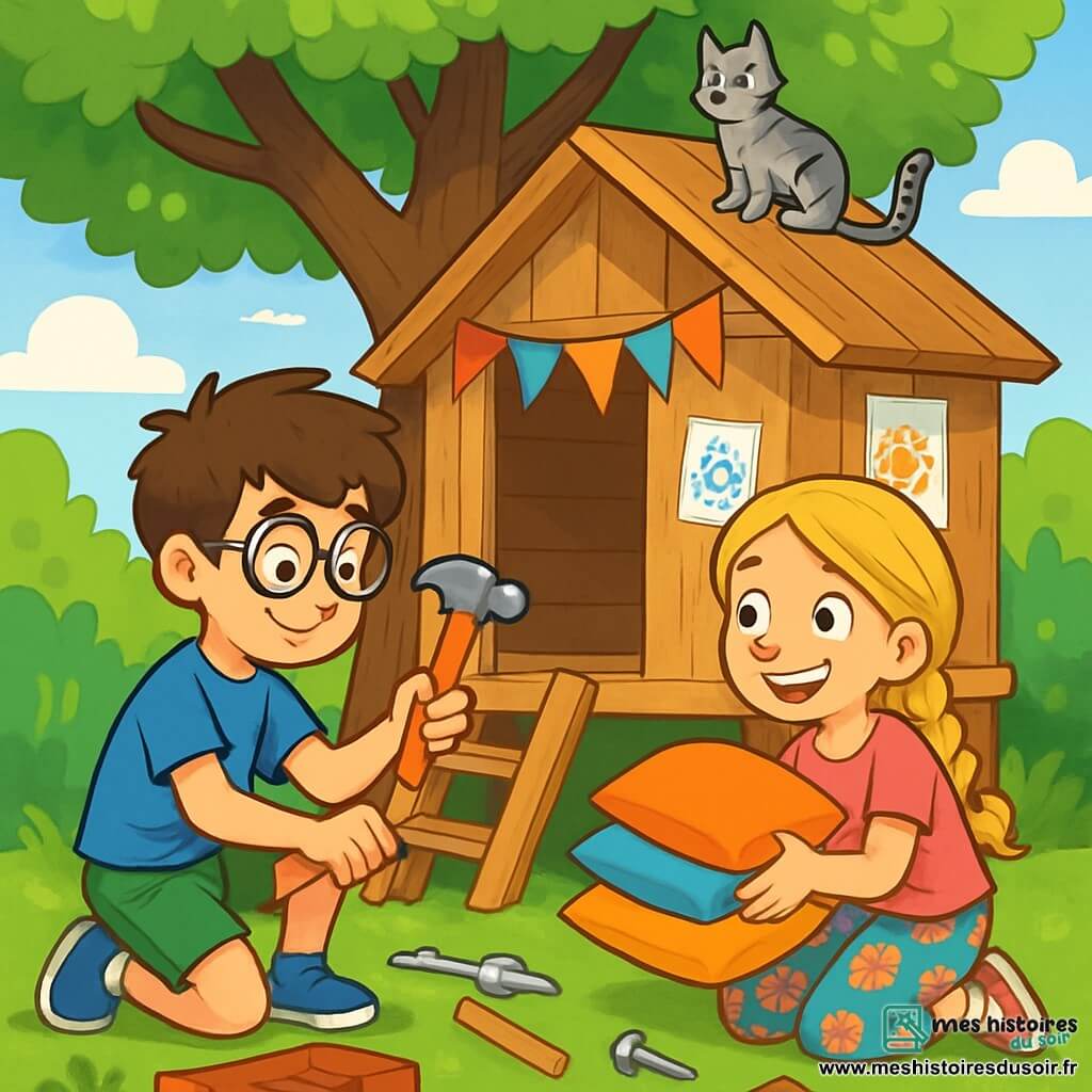 Léo, un garçon de 10 ans aux cheveux bruns et lunettes rondes, porte un t-shirt bleu et un short vert. Il tient un marteau en plastique, concentré sur la construction d'une cabane. Zoé, une fille de 8 ans avec de longs cheveux blonds tressés et un sourire malicieux, est accroupie en tenant des coussins colorés pour l'intérieur de la cabane. La scène se déroule dans un jardin ensoleillé, avec un cerisier servant de support à une cabane en bois décorée de fanions. Des outils de bricolage sont éparpillés autour, et un chat tigré observe les enfants. Léo et Zoé rient et échangent des idées dans une ambiance joyeuse et créative.