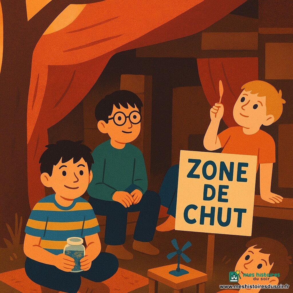 Quatre garçons d’environ 11 ans dans une cabane de palettes et cartons au crépuscule : Malo, cheveux bruns en bataille, t-shirt rayé bleu et jaune, assis au centre-gauche sur une moquette usée en tenant un petit bocal ; Nino, cheveux noirs courts et lunettes rondes, sweat vert, assis à droite près de l’entrée, tenant une pancarte plantée où l’on lit « ZONE DE CHUT » ; Sam, châtain clair, chemise à carreaux avec une règle en poche, accroupi en bas à gauche en train de mesurer un coin de palette ; Léo, blond, t-shirt orange, allongé en haut à droite, tenant une plume et regardant le plafond en carton. L’intérieur comporte une moquette roulée, couvertures suspendues comme tentures, une petite table basse avec une hélice artisanale et des chaussettes aux coins de bois, et un « bocal à soucis » placé au centre ; à l’extérieur on aperçoit un vieux pommier appuyé contre la cabane. L’ambiance est douce et intime, lumière dorée filtrant par des fentes, couleurs chaudes et contrastées, traits simples et formes nettes, composition centrée et équilibrée évoquant une pause calme à la fois drôle et tendre.