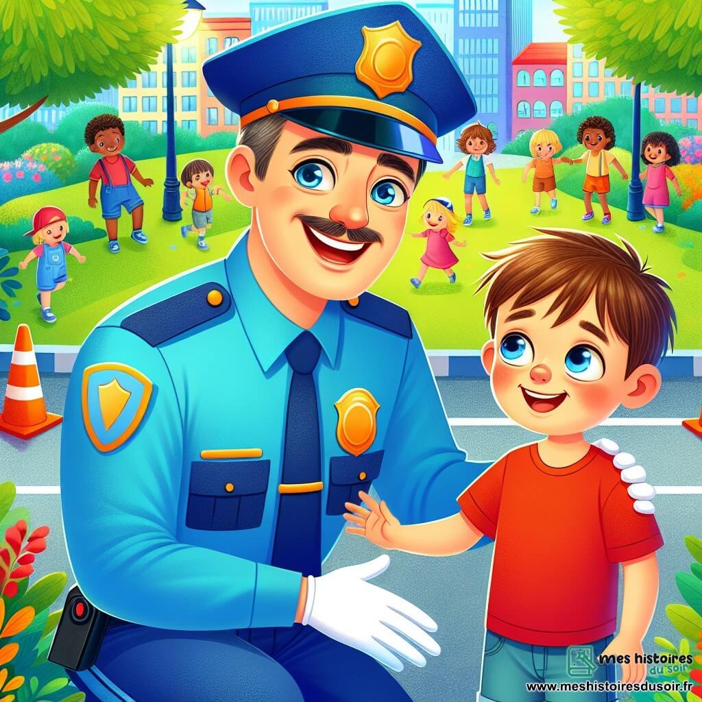 Un policier nommé Paul, souriant et enthousiaste, porte un uniforme bleu vif et une casquette brillante. À ses côtés, un petit garçon nommé Hugo, âgé de 6 ans, avec des cheveux bruns en bataille et un t-shirt rouge, le regarde avec curiosité. Ils sont dans un parc verdoyant, entouré d'arbres et de fleurs, où des enfants jouent. Paul explique aux enfants comment traverser la rue en toute sécurité, utilisant des cônes orange et un sifflet, tout en partageant des conseils amusants et éducatifs.