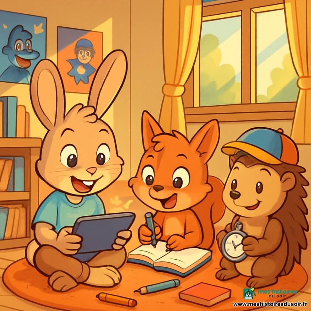Léo, un jeune lapin aux grandes oreilles et au pelage doux, est assis sur un tapis moelleux, tenant une tablette lumineuse avec un sourire curieux. À côté, Maya, une petite écureuil aux yeux pétillants, dessine avec enthousiasme dans son carnet. Timothée, un hérisson avec une casquette colorée, les observe admirativement en tenant un chronomètre. La scène se déroule dans une chambre chaleureuse, décorée de posters de dessins animés et de livres empilés. Un rayon de soleil éclaire la pièce. Léo et ses amis partagent leurs découvertes sur l'utilisation des écrans, entourés de carnets et de crayons, plongés dans une discussion animée sur des idées créatives.