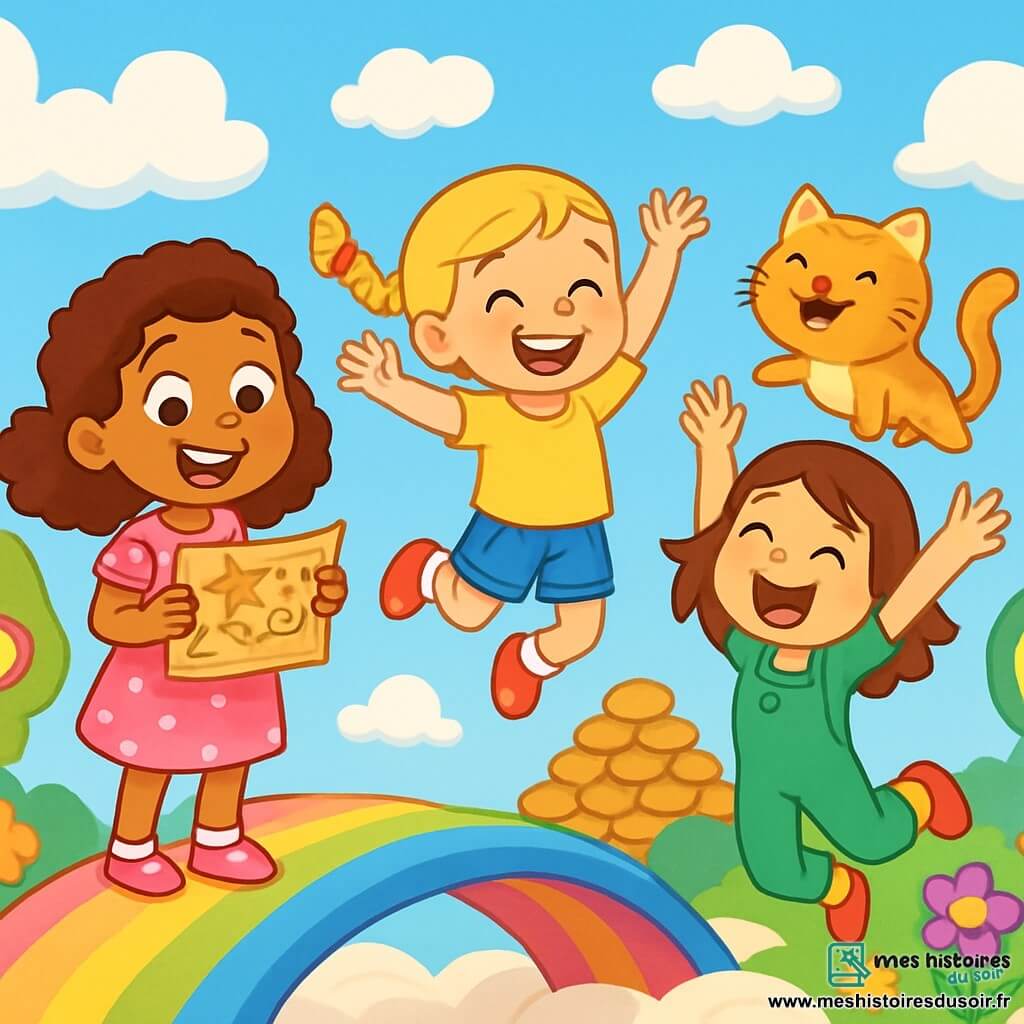 Il y a trois personnages : Zoé, une fille de 8 ans aux cheveux bruns bouclés, souriante avec une carte des biscuits enchantés ; Lila, 7 ans, avec des cheveux blonds tressés, sautant de joie ; et Mia, 8 ans, avec des cheveux châtains lisses, riant aux éclats. Elles se tiennent sur un pont en bonbon, entourées d'arbres en forme de sucettes et de fleurs colorées, sur un sol doux comme du marshmallow, sous des nuages en guimauve. Elles rient et flottent dans les airs après avoir goûté des bonbons magiques, guidées par Sir Biscuit, un chat souriant, vers la montagne de biscuits enchantés.