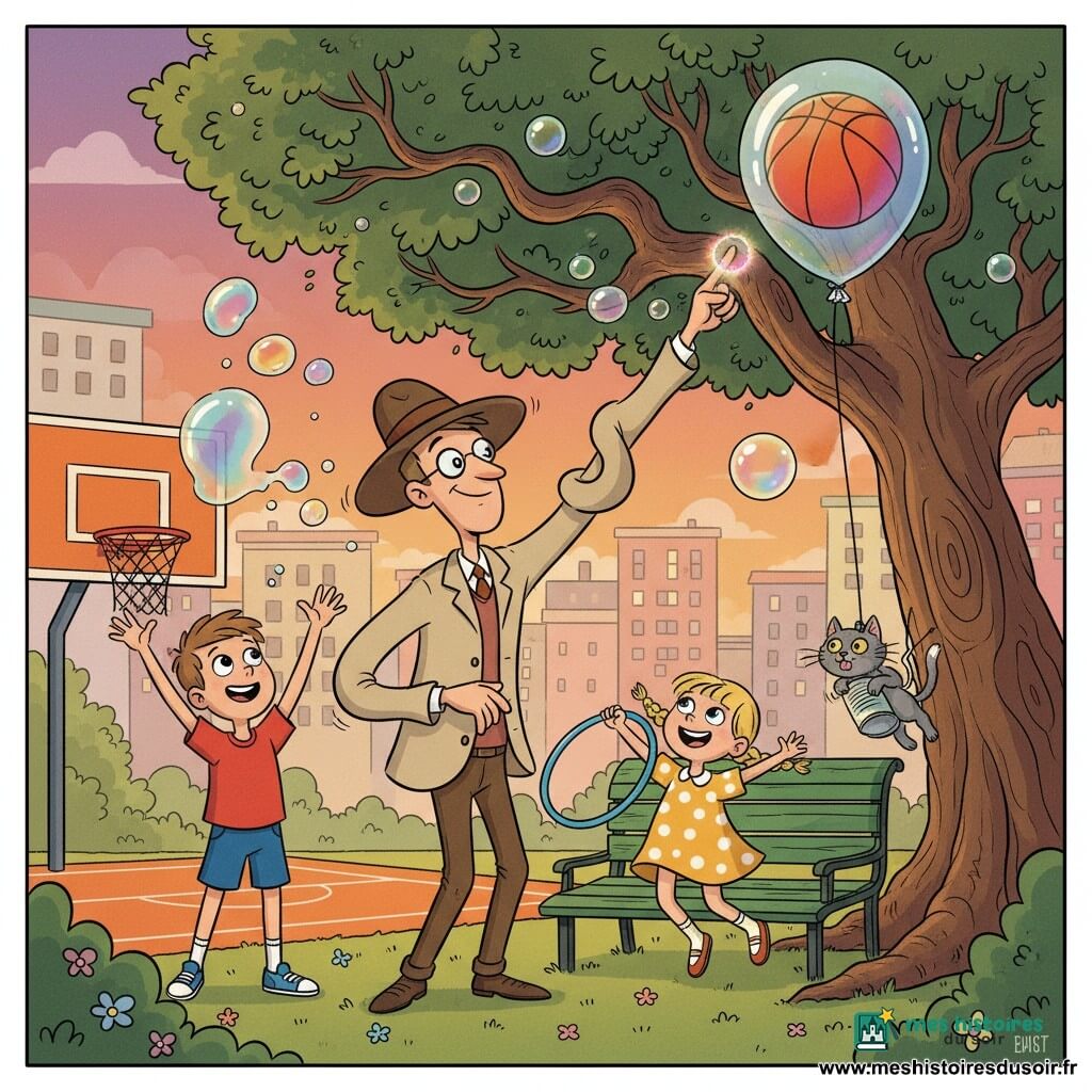 Max, timide mais malicieux, sourit en tendant la main vers un ballon de basket coincé dans un arbre — un halo coloré entoure son doigt tandis que le ballon se transforme en énorme baudruche brillante; à gauche un garçon d'environ 9 ans en tee-shirt rouge et short bleu lève les bras, à droite une fillette de 7 ans en robe jaune à pois sautille en tenant un cerceau, un chaton gris flotte attaché à une boîte-conserve en mini-balloon près d'un banc; scène de crépuscule dans un parc urbain avec terrain de basket orange, grand arbre tortueux, pelouse et immeubles pastel, ambiance joyeuse, couleurs vives et silhouettes rubber hose.