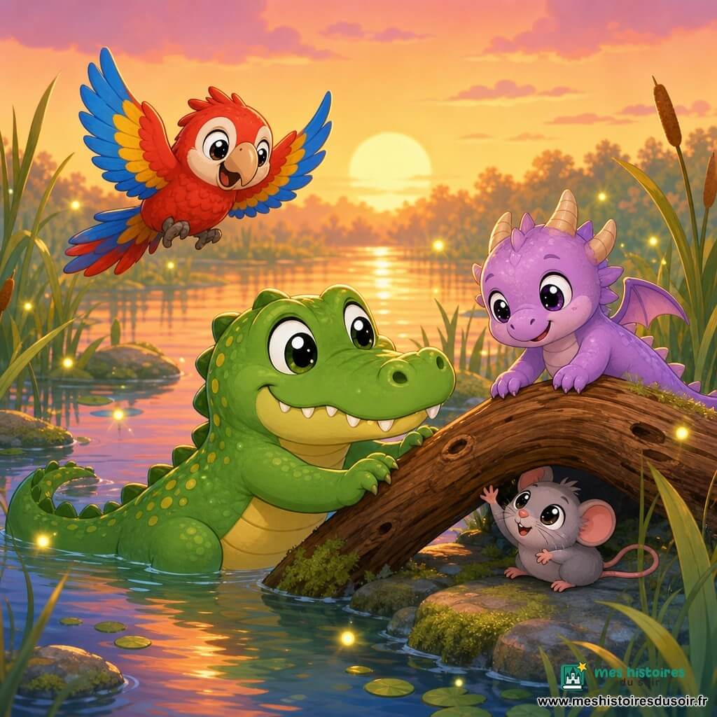 Un crocodile souriant et courageux à la peau verte brillante parsemée de petites taches jaunes, grands yeux ronds et dents arrondies, pousse doucement une branche avec ses pattes palmées et la queue dans l'eau ; Pipo le perroquet aux plumes rouges, bleues et jaunes vole au‑dessus en battant des ailes et regarde le crocodile avec encouragement ; Drago le petit dragon rond aux écailles pastel violettes et cornes douces tire la branche avec ses pattes avant, perché derrière le crocodile ; une petite souris grise aux yeux noirs brillants est coincée sous la branche, pattes minuscules tendues vers ses sauveurs ; décor : marais au coucher du soleil avec eau miroir aux reflets orangés, roseaux verts et jaunes, pierres couvertes de mousse et quelques lucioles ; scène : les amis unissent leurs forces pour soulever la branche et libérer la souris, expressions chaleureuses, atmosphère douce et sécurisante, couleurs pastel, contours arrondis et beaucoup d'espace négatif clair.