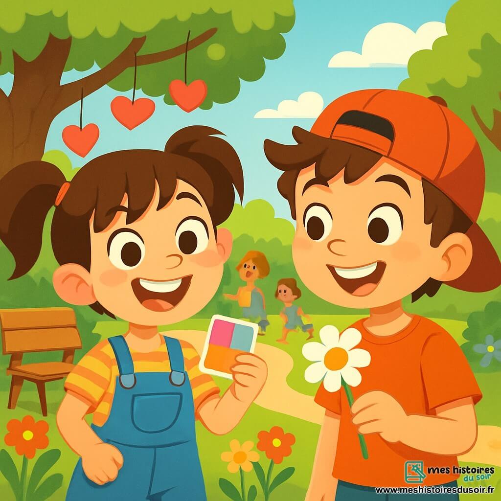 Une fillette de 8 ans, Rose, sourit en tenant un petit papier coloré. Elle porte une salopette bleue et un t-shirt à rayures. À côté d'elle, Léo, un garçon de 8 ans avec des cheveux châtains en bataille et une casquette rouge à l'envers, tient une pâquerette. En arrière-plan, le parc de Douxbois est rempli d'arbres, de bancs en bois et de fleurs colorées. La scène montre Rose et Léo au début de leur chasse au trésor de la gentillesse, entourés de rires et de sourires.