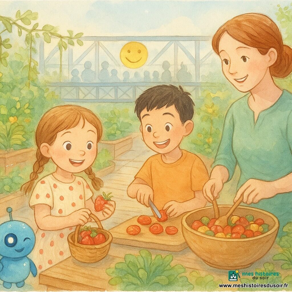 Une fillette de 6 ans, joyeuse, cheveux châtain clair en deux nattes, robe à pois rouges, cueille des fraises brillantes dans un petit panier en osier posé sur le toit; un garçon, Milo, environ 7 ans, enthousiaste, cheveux courts noirs, coupe des tomates cerises en deux avec un couteau en plastique sécurisé, légèrement en arrière-plan; une maman d'environ 30 ans, souriante, peau claire, chemise verte, mélange une salade de fruits dans un grand saladier en bois à la droite des enfants; un petit robot réparateur bleu, rond, à œil lumineux, observe et fait un clin d'œil électronique sur une jardinière au premier plan à gauche; le lieu est un toit-potager urbain avec dalles en bois, plates-bandes de légumes et fleurs jaunes, lianes suspendues, pots en terre et une grande passerelle métallique en arrière-plan où un panneau lumineux affiche un grand sourire jaune devant une foule de silhouettes aquarellées partageant des bols; ambiance conviviale et pétillante, couleurs pastel chaudes, textures d’aquarelle mouillée, doux rayons de soleil et rehauts blancs sur les fruits luisants.