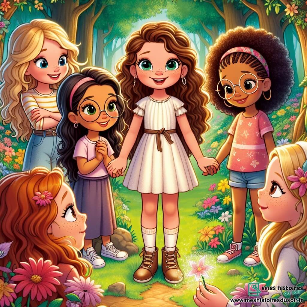 Dans une clairière enchantée, cinq amies se tiennent main dans la main, entourées de fleurs colorées. Lisa, 10 ans, avec des cheveux bruns bouclés, sourit en tenant une carte magique. Clara, 11 ans, aux cheveux blonds et lunettes rondes, regarde la carte. Zoé, 10 ans, avec des cheveux noirs, est à droite de Lisa, souriante. Emma, 9 ans, aux cheveux châtains, est assise sur une pierre, émerveillée par une fleur magique. Mia, 10 ans, aux cheveux roux, est à côté d'Emma, excitée. La clairière est illuminée par une lumière dorée, avec une immense fleur multicolore au centre. Les amies découvrent un parchemin mystérieux dans la fleur, révélant un message d'espoir et d'amitié.