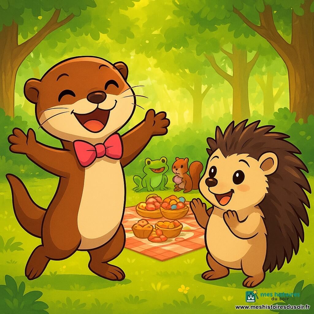 Dans une clairière ensoleillée du Bois-Mousse, Lila, une petite loutre au poil lustré avec un nœud papillon rose, saute de joie, ses yeux pétillants d'excitation. À ses côtés, Malo, un hérisson jovial, applaudit avec enthousiasme. En arrière-plan, des grenouilles et des écureuils s'affairent autour d'une nappe à carreaux remplie de friandises. La scène se déroule dans une clairière verdoyante, entourée d'arbres, où des rayons de soleil créent des taches dorées sur la mousse. Lila et Malo célèbrent la Saint-Valentin en encourageant leurs amis, applaudissant chaque réussite avec joie et bienveillance.