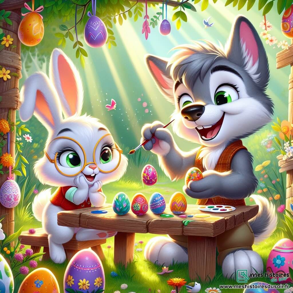 Un petit loup nommé Loupio, avec un pelage gris doux et des yeux pétillants, est assis à une table en bois rustique, entouré d'œufs de Pâques décorés de couleurs vives. Il sourit en tenant un pinceau, ajoutant des motifs colorés sur un œuf. À côté de lui, un lapin nommé Lapinus, avec un pelage blanc et un gilet rouge, ajuste ses lunettes tout en observant Loupio avec un sourire complice. La scène se déroule dans une clairière ensoleillée, entourée de hautes herbes et de fleurs sauvages, avec des guirlandes de fleurs en papier suspendues aux arbres. Loupio et Lapinus préparent des œufs de Pâques pour une grande fête, remplis d'excitation, tandis que des oiseaux chantent autour d'eux.