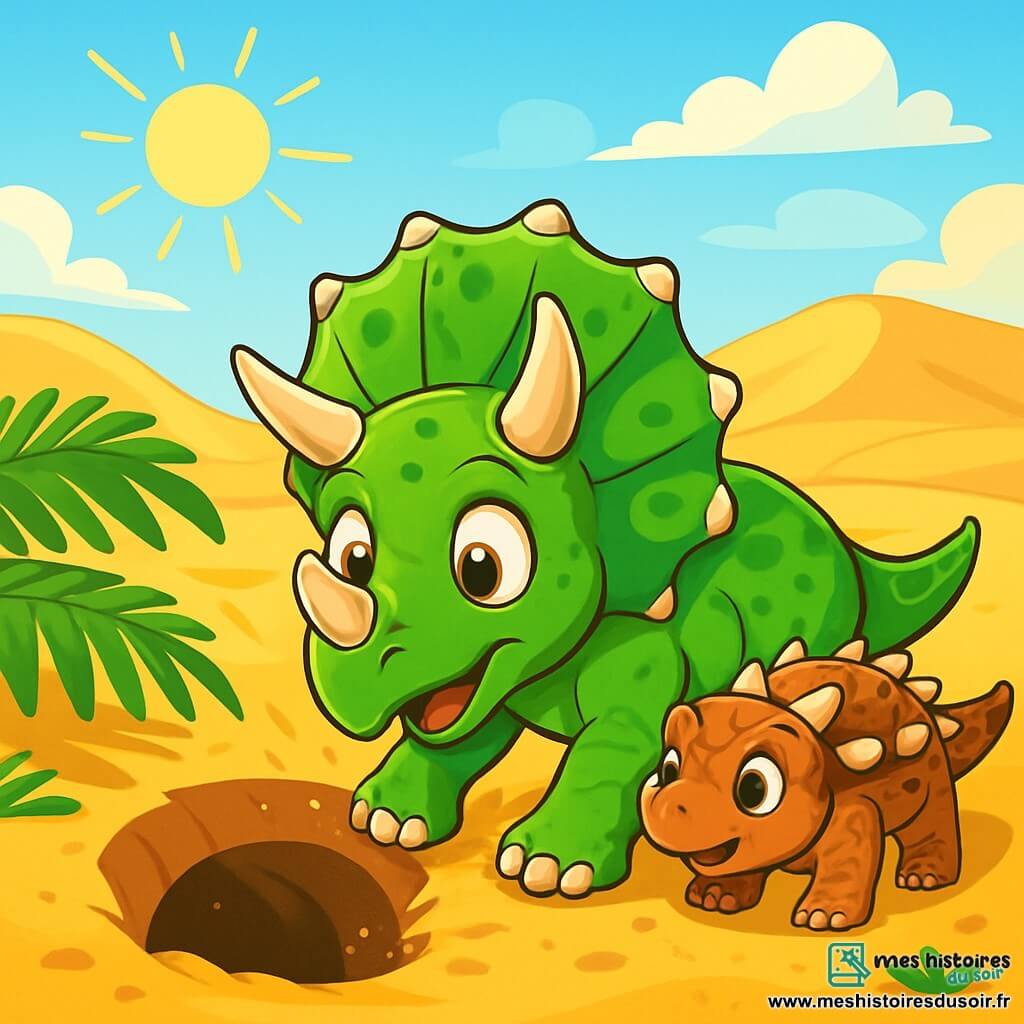 Un jeune tricératops curieux, avec une peau verte et des cornes majestueuses, se tient au centre, grattant le sol pour découvrir un tunnel mystérieux. À côté, un petit ankylosaure au dos blindé et aux yeux pétillants l'observe, prêt à l'accompagner. En arrière-plan, un paysage désertique doré s'étend sous un ciel bleu et un soleil brillant. Tino, le tricératops, découvre l'entrée du tunnel secret, entouré de sable scintillant et de l'ombre d'une fougère, tandis qu'un léger vent fait danser la poussière.