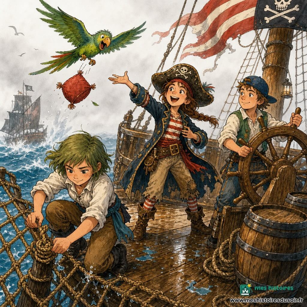 Zoé, capitaine d'environ 12–14 ans, souriante et malicieuse, cheveux châtains en tresse, grand chapeau cabossé et veste de pirate rayée, chante et gesticule pour faire diversion au centre du pont; Lila, matelote d'environ 11–13 ans, concentrée et agile, cheveux courts, chemise retroussée et bottes, rampe sur un filet mouillé pour nouer un nœud serré autour d'un poteau à l'avant‑plan gauche; Malo, timonier d'environ 13–15 ans, rassurant et souriant, casquette en arrière, tient la barre à tribord près de Zoé et surveille la manœuvre; Grognon, perroquet vert espiègle, vole au‑dessus du filet en laissant tomber un petit coussin rouge sur la tête d'un pirate adverse; décor : pont de bois usé, cordages, mâts et drapeaux à rayures, eau bleue et brouillard à l'horizon, gouttes et reflets d'encre sur le bois; ambiance : scène dynamique et joyeuse d'enfants pirates tendant un piège, traits d'encre vifs et touches d'aquarelle.