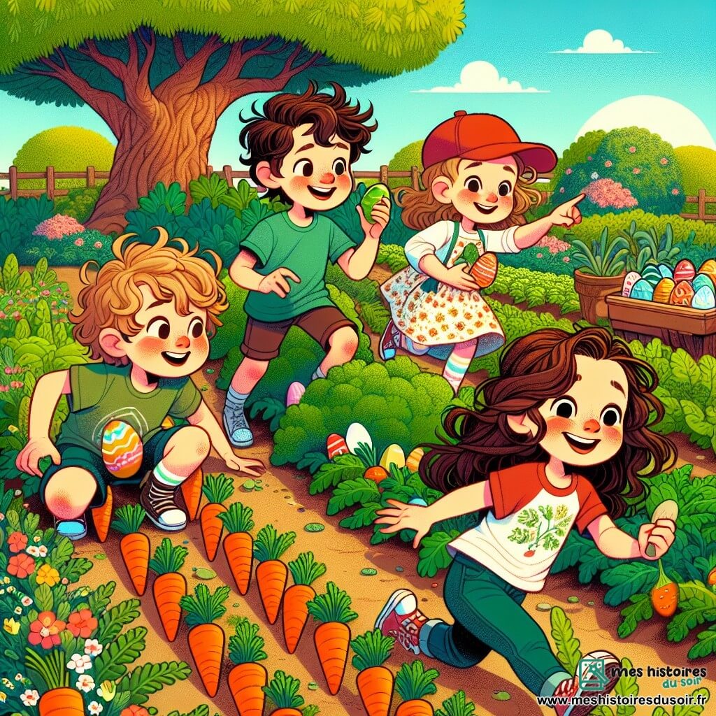 Dans un potager coloré, quatre amis chassent des œufs de Pâques. Tom, 8 ans, est accroupi près de carottes, Lucas, 7 ans, pointe un buisson avec un sourire, Emma, 8 ans, consulte une carte au trésor sur un banc, et Chloé, 7 ans, attend impatiente derrière elle. Le potager regorge de carottes, laitues et fleurs, tandis qu'un vieux chêne se dresse au loin sous un soleil éclatant. Les amis, guidés par un indice, se dirigent vers le buisson, excités à l'idée de découvrir un trésor caché.