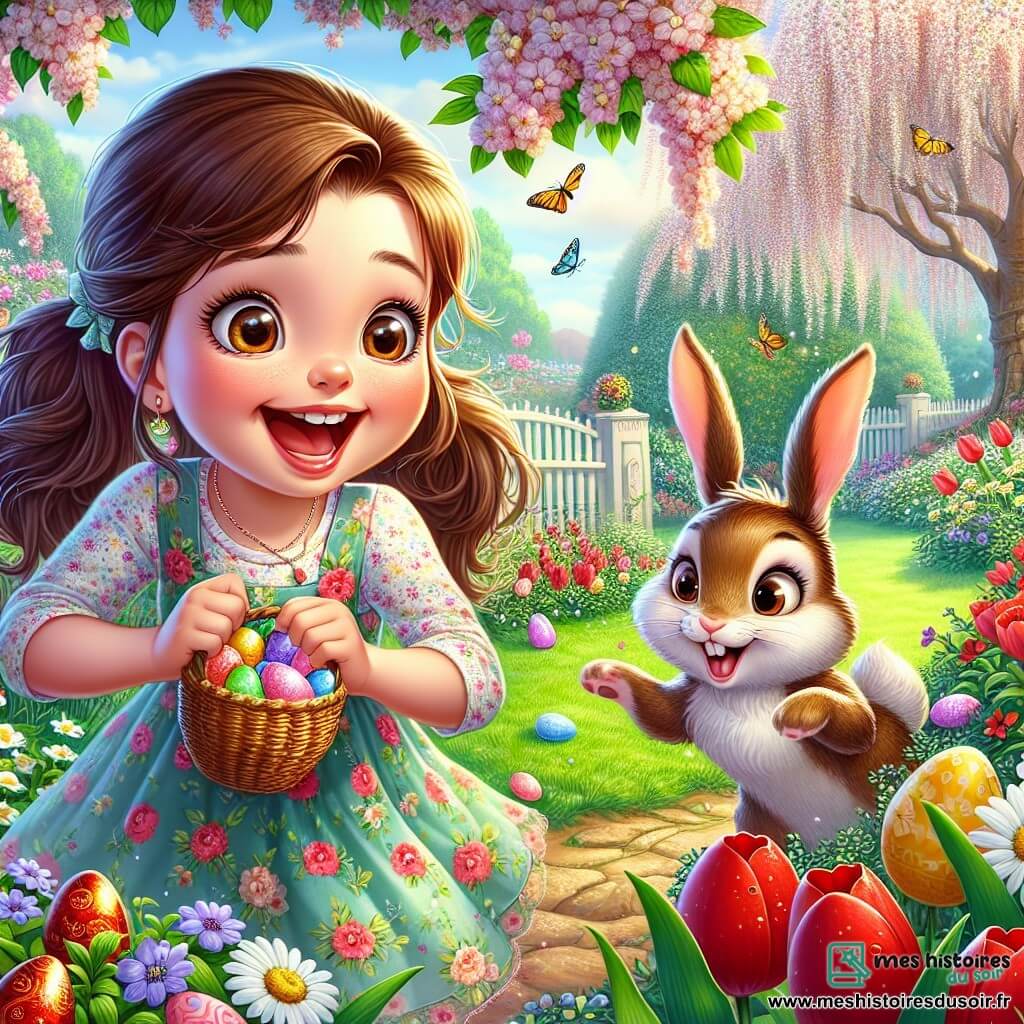 Lila, une petite fille de 8 ans aux longs cheveux bruns en deux couettes, porte une robe à fleurs et sourit en cherchant des œufs en chocolat dans un jardin enchanté. À ses côtés, un petit lapin aux grandes oreilles et au pelage soyeux saute joyeusement autour d'un buisson fleuri, l'encourageant dans sa quête. Le jardin est rempli de fleurs colorées, avec des tulipes rouges, des marguerites blanches et des cerisiers en fleurs, tandis que des papillons multicolores virevoltent. Lila scrute chaque recoin du jardin avec enthousiasme, et le lapin semble lui indiquer le chemin vers un trésor caché.