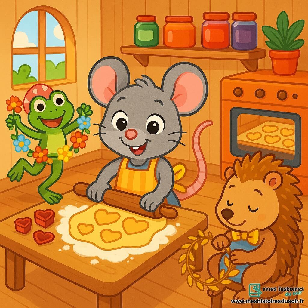 Plume, une petite souris grise souriante, prépare des biscuits en forme de cœur dans sa cuisine, entourée de farine et d'emporte-pièces. À côté, Rosalie, une grenouille verte joyeuse avec un chapeau à pois roses, tient une guirlande de fleurs. Gaston, un hérisson avec des piques dorées et un nœud papillon jaune, décore une couronne, l'air concentré mais heureux. La cuisine est chaleureuse, avec des murs en bois clair et des fenêtres laissant entrer la lumière du soleil. L'ambiance est festive, pleine de rires et d'amitié, alors qu'ils se préparent pour la Saint-Valentin.
