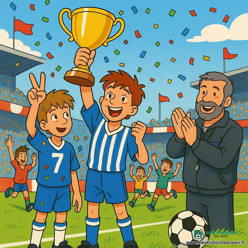 Théo, ~14 ans, sourit, visage rougi, maillot bleu rayé blanc et short assorti, tient une coupe d'or bras levés ; à côté Lucas, ~13 ans, timide mais joyeux, cheveux châtain clair en bataille, fait un V avec les doigts, maillot n°7, confettis sur les épaules, regard vers Théo. Monsieur Lambert, homme d'environ 45 ans, barbe grise courte et veste d'entraîneur, applaudit depuis la touche. Plusieurs coéquipiers adolescents courent en arrière-plan, bras levés, crampons visibles. Stade rempli de spectateurs, banderoles rouges et blanches, drapeaux et confettis, gazon vert vif, lignes blanches, ballon noir et blanc au premier plan ; scène lumineuse aux couleurs saturées, contours nets, atmosphère de fête centrée sur la coupe et les deux garçons.