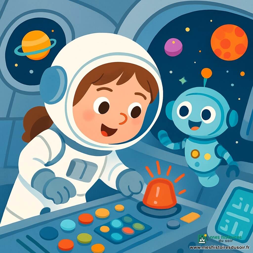 Une astronaute nommée Léa, souriante et pétillante, porte une combinaison spatiale blanche et argentée. Elle est penchée sur un tableau de bord lumineux, entourée de boutons colorés. À ses côtés, un petit robot amical nommé Lili, avec des lumières clignotantes, l'observe avec curiosité. La scène se déroule à l'intérieur d'une fusée futuriste, avec des murs argentés et des fenêtres rondes montrant un ciel étoilé. Des écrans affichent des données brillantes. Léa, concentrée, cherche à résoudre une alarme clignotante sur le tableau de bord.