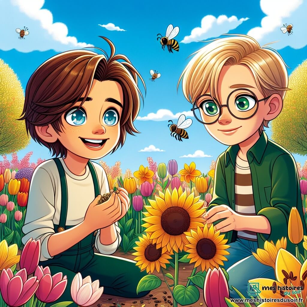 Maxime, un garçon de 10 ans aux cheveux châtains et aux yeux curieux, est agenouillé dans un jardin ensoleillé, tenant une graine de tournesol. Il sourit, entouré de fleurs colorées. À côté de lui, Lucas, également âgé de 10 ans, avec des cheveux blonds et des lunettes rondes, observe une abeille sur une fleur, fasciné. Le jardin est rempli de tulipes, de jonquilles et d'un grand arbre en fleurs, créant une ambiance printanière. Maxime et Lucas plantent des graines de tournesol, impatients de voir leurs fleurs grandir, symbolisant leur amour pour la nature et leur amitié.