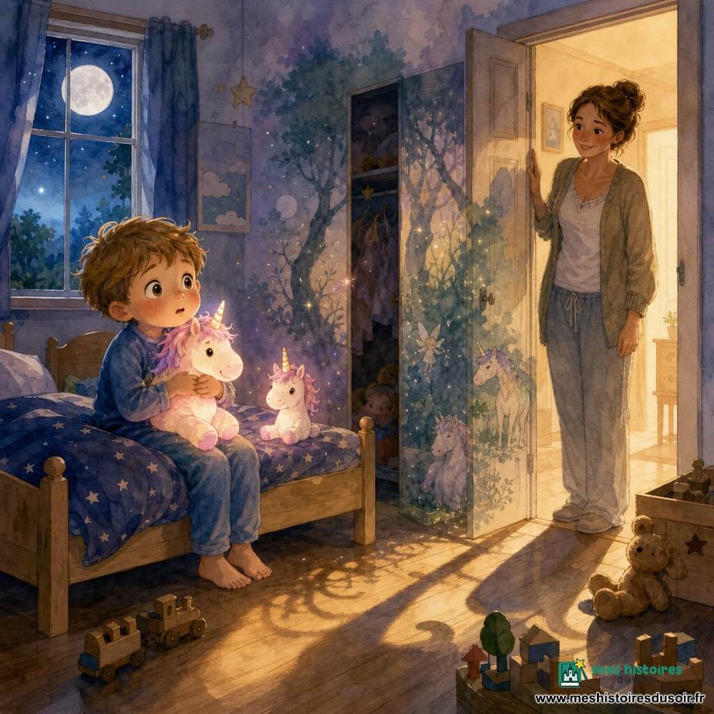 Un garçon de 4 ans, apeuré mais curieux, serre un doudou licorne lumineux sur le bord du lit tandis que sa mère d’environ 30 ans, souriante et rassurante, se tient dans l’embrasure de la porte ; un petit doudou licorne émet une lueur rose pâle, la chambre enfantine est parsemée de jouets en bois, d’affiches de nuages, d’un placard entrouvert et d’une couverture étoilée, la lune japonaise à la fenêtre projette des reflets argentés sur le plancher, et dans les ombres la pièce se transforme en forêt enchantée aux formes aquarelle de fées et de licornes, changeant la peur en émerveillement.
