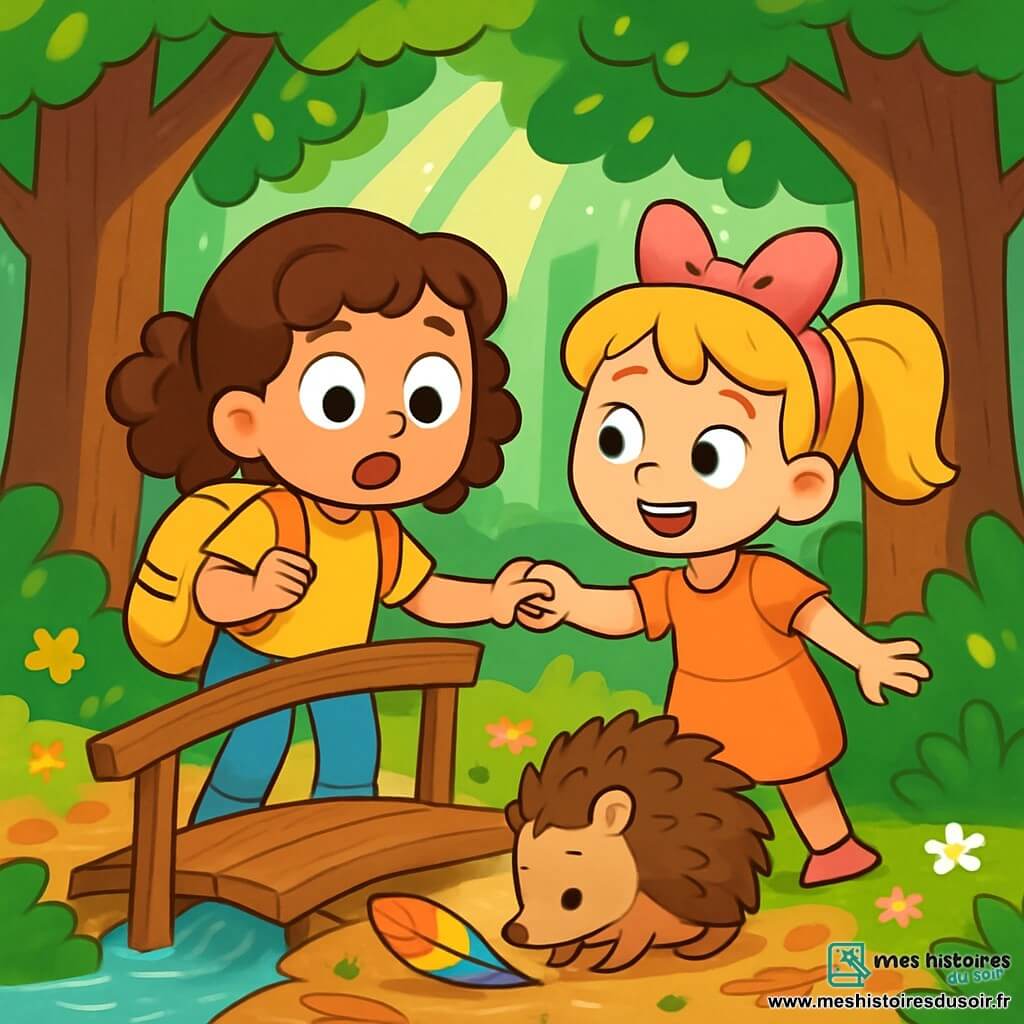 Il y a trois personnages : Zoé, une petite fille de 5 ans aux cheveux bruns bouclés, portant un t-shirt et un sac à dos jaunes, debout sur un petit pont de bois, les yeux écarquillés ; Lila, une autre petite fille de 5 ans aux cheveux blonds en couettes, souriante, se tenant à côté de Zoé et lui tendant la main ; et un hérisson, petit animal rond aux piquants bruns, qui gratte le sol avec son museau en cherchant une plume multicolore. La scène se déroule dans une forêt magique avec de grands arbres, des rayons de soleil illuminant le sol et un petit pont surplombant une rivière scintillante. Zoé, nerveuse mais déterminée, est encouragée par Lila, tandis que le hérisson ajoute une touche de magie à cette scène d'amitié et de courage.