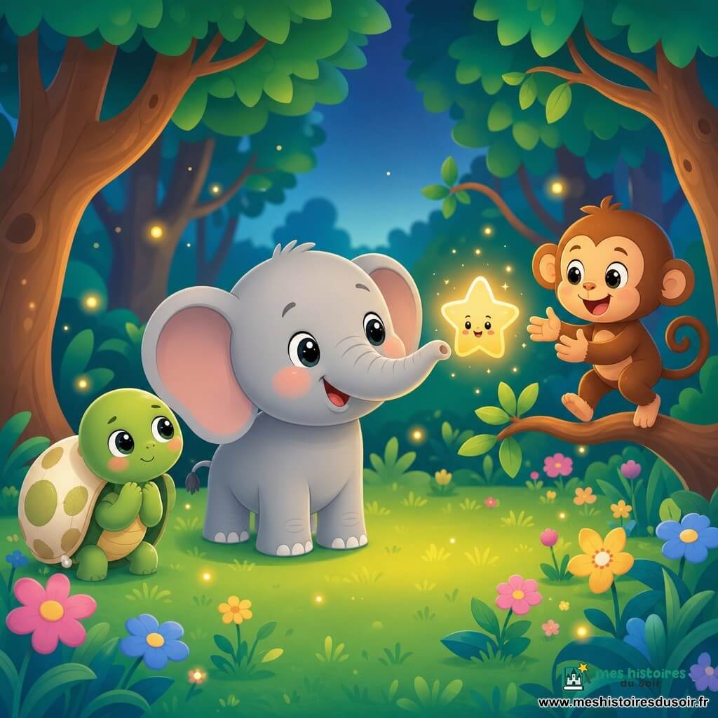 Petit éléphant gris clair aux grandes oreilles et trompe ronde souriant tend la trompe vers une petite étoile lumineuse flottante; à sa gauche, une tortue verte timide à carapace couleur coquille d'œuf observe, à droite un singe brun joyeux saute sur une branche bras ouverts; clairière de forêt magique à herbe verte, fleurs colorées et troncs lisses, quelques lucioles; ambiance douce et rassurante, étoile scintille en jaune chaud, couleurs vives, formes simples et ombres très douces, composition centrée sur l'éléphant et l'étoile.