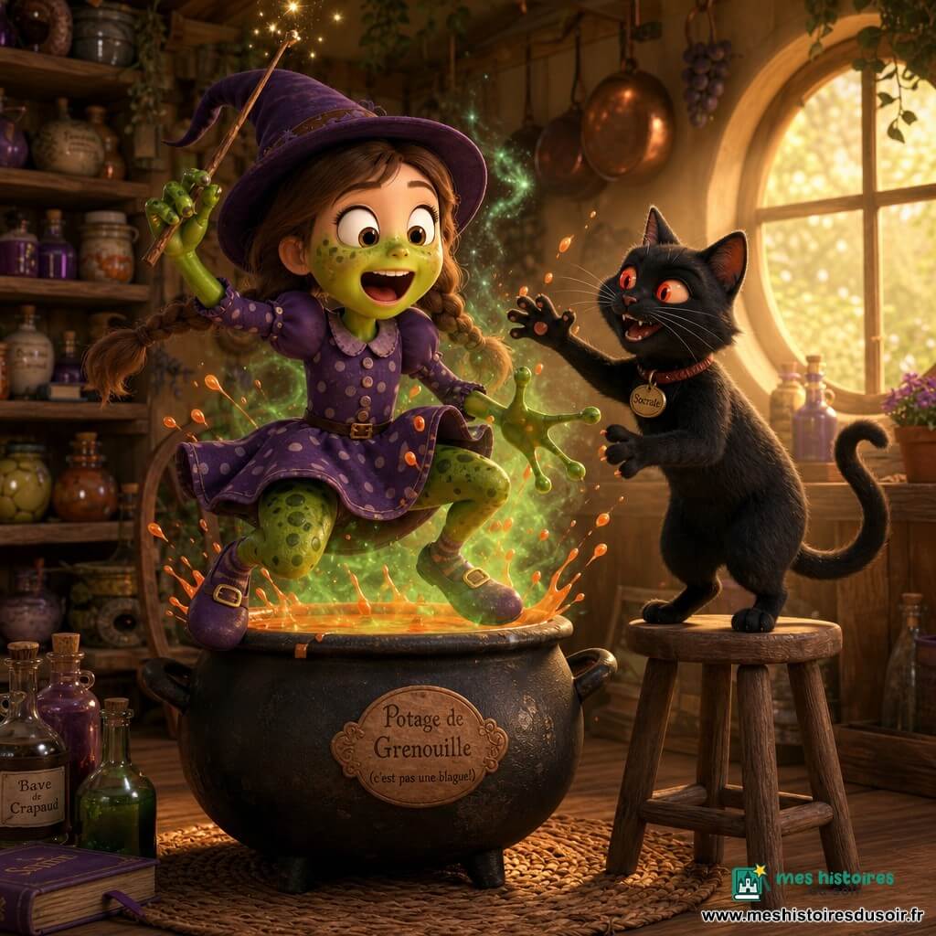 Lola, apprentie sorcière aux tresses brunes et yeux brillants, surprise et amusée, rit en se transformant partiellement en grenouille—ses mains deviennent vertes et ses chaussures restent accrochées à sa robe violette à pois—tandis qu'un chat magique noir nommé Socrate, aux yeux rouges et à la longue queue, se tient sur un tabouret et tend une patte pour l'aider; la cuisine chaleureuse, avec étagères de bocaux, pots suspendus, tapis en osier et lumière dorée par une fenêtre ronde, est embrumée de fumée verte et d'éclaboussures de potion orange, créant une atmosphère ensorcelante et comique.