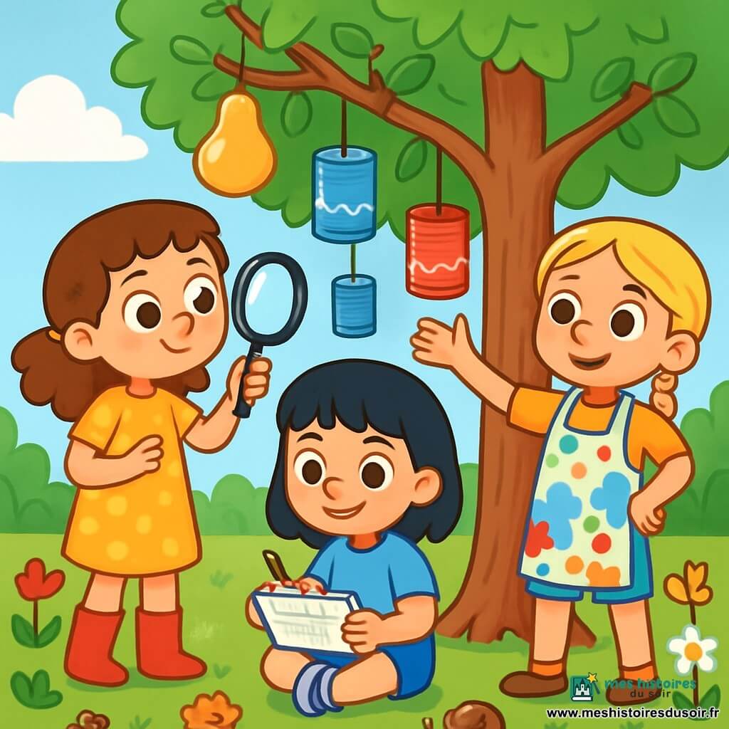 Trois personnages sont présents : Léa, une fille de 6 ans aux cheveux bruns et bouclés, en robe jaune à pois et bottes rouges, qui observe un poirier avec une loupe ; Noor, une fille de 6 ans aux cheveux noirs et lisses, en t-shirt bleu et short en jean, qui écrit dans un carnet avec un sourire ; et Anna, une fille de 6 ans aux cheveux blonds tressés, en tablier coloré plein de peinture, qui montre les boîtes suspendues au poirier avec fierté. L'action se déroule dans un jardin verdoyant rempli de fleurs colorées et d'insectes, avec un grand poirier décoré de boîtes en métal peintes. Les enfants enquêtent ensemble, Léa examine le poirier, Noor prend des notes, et Anna explique l'accrochage des boîtes, tous souriants et concentrés sur leur mission.