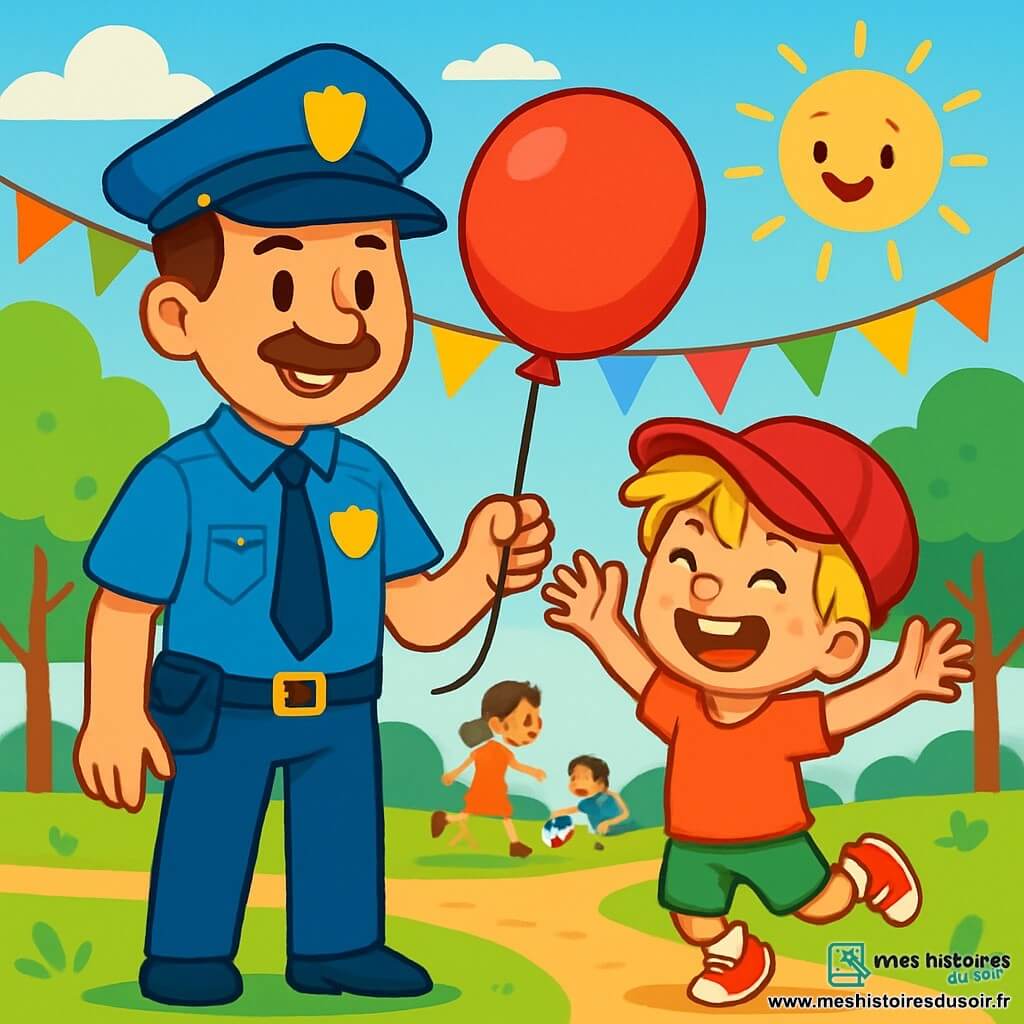Un policier souriant, Paul, en uniforme bleu vif et chapeau, tient un ballon rouge qu'il a récupéré pour Léo, un garçon de 7 ans aux cheveux blonds en bataille et à la casquette trop grande, qui saute de joie. En arrière-plan, un parc ensoleillé avec des guirlandes colorées, des arbres verdoyants et des enfants qui jouent. La scène illustre l'entraide et la joie à Lumièreville.