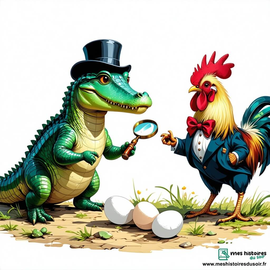 Un crocodile nommé Crocolou, souriant et curieux, porte un chapeau melon noir et une loupe autour du cou. Il observe des œufs qui gigotent, amusé et intrigué. À ses côtés, Gaston le coq, élégant avec son plumage doré et son nœud papillon rouge, marche inquiet en regardant les œufs. Le décor est un poulailler coloré avec des murs en bois et des rayons de lumière filtrant à travers les fenêtres, tandis que des poules curieuses se rassemblent autour. Crocolou enquête sur le mystère des œufs, créant une atmosphère joyeuse et pleine de surprises.