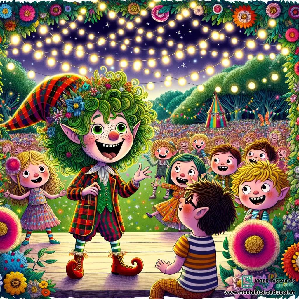 Au centre de l'image, un lutin joyeux nommé Pistachio, avec des cheveux verts ébouriffés et des yeux pétillants, se tient sur une scène colorée. Il porte une veste à carreaux et un bonnet rouge, souriant en racontant une blague à un groupe d'enfants. À sa droite, Emma, une petite fille de 8 ans aux cheveux bouclés, rit aux éclats, tandis qu'à sa gauche, Lucas, un garçon de 7 ans avec des lunettes rondes, se tient en riant. Le décor est une clairière enchantée, ornée de guirlandes lumineuses et de fleurs géantes. Pistachio captive son public avec ses blagues, tandis que les enfants et les créatures magiques rient ensemble, célébrant l'amitié et la magie de l'humour.