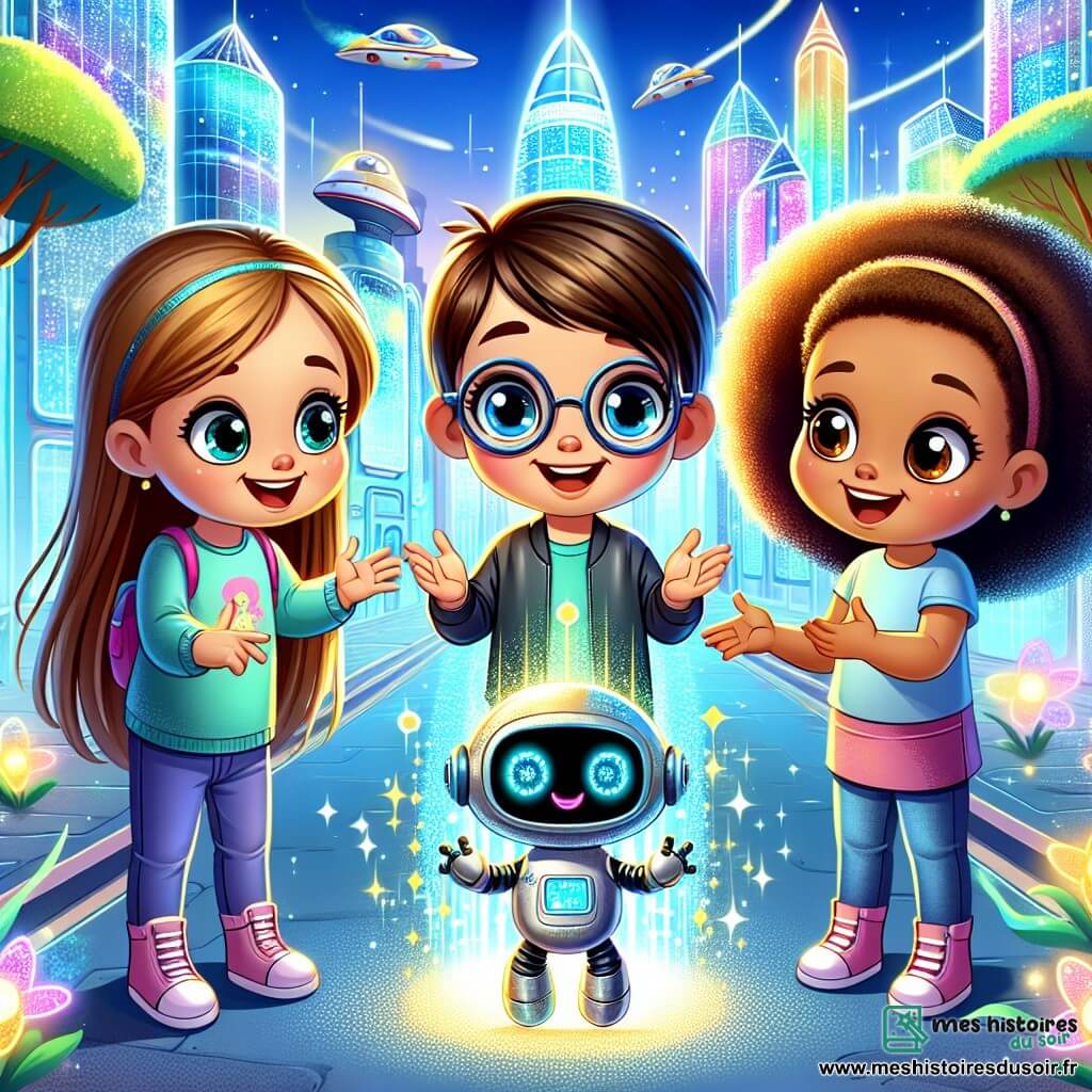 Trois amies, Lila, Emma et Zoé, se tiennent au centre de l'image. Lila, 8 ans, avec de longs cheveux bruns et des lunettes rondes, sourit. À sa droite, Emma, 7 ans, aux cheveux blonds et bouclés, pointe un robot avec excitation. À gauche, Zoé, 9 ans, avec des cheveux raides et noirs, fait un geste de surprise. Le décor est une ville futuriste avec des bâtiments en verre et des voitures volantes, entourée d'arbres géants aux feuilles multicolores et de fleurs lumineuses. Les filles découvrent un petit robot amical, R2D2, qui les guide à travers cette ville magique, symbolisant la magie de leur voyage dans le temps.