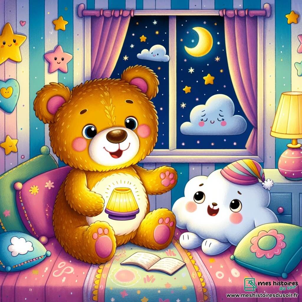 Dans une chambre colorée, Choupinette, une adorable ours en peluche souriante, est assise sur un lit douillet entourée de coussins. Elle tient une petite lampe allumée diffusant une douce lumière dorée. À ses côtés, Coussin, un coussin en forme de nuage, écoute attentivement Choupinette, bien qu'inquiet. La chambre est décorée de murs pastel avec des étoiles et des nuages, et une fenêtre ouverte laisse entrevoir une nuit étoilée. Choupinette raconte une histoire à Coussin, éclairés par la lampe, tandis que la lune brille à l'extérieur, créant une ambiance chaleureuse et magique.
