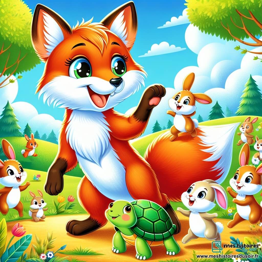 Illustration d'un renard aux yeux pétillants et au pelage orange vif, souriant et encourageant ses amis à participer à un grand jeu. Un groupe de lapins joyeux et rapides, avec des pelages blancs et marron, sautent autour de lui, tandis qu'une tortue sage à la carapace verte écoute attentivement. La scène se déroule dans une clairière ensoleillée, entourée d'arbres majestueux et de fleurs colorées, avec un sol recouvert d'herbe douce et un ciel bleu parsemé de nuages. Le renard organise un jeu où tous les animaux de la forêt s'amusent ensemble, célébrant l'égalité et l'amitié. Des drapeaux colorés, des ballons et des animaux de différentes espèces créent une atmosphère festive.