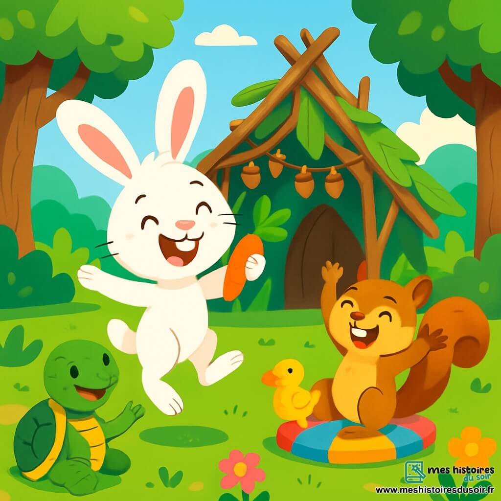Dans une clairière ensoleillée du Bois Rigolo, Gustave le lapin aux grandes oreilles saute de joie, tenant une carotte. À ses côtés, Loulou l'écureuil rit aux éclats, assis sur un coussin coloré. Mireille la tortue sourit, tenant une sonnette en forme de canard. La clairière est entourée d'arbres épais et de fleurs colorées, avec une cabane farfelue décorée de guirlandes de glands. Les amis célèbrent la fin de leur construction en riant et partageant un goûter, illustrant l'amitié dans un cadre enchanteur.