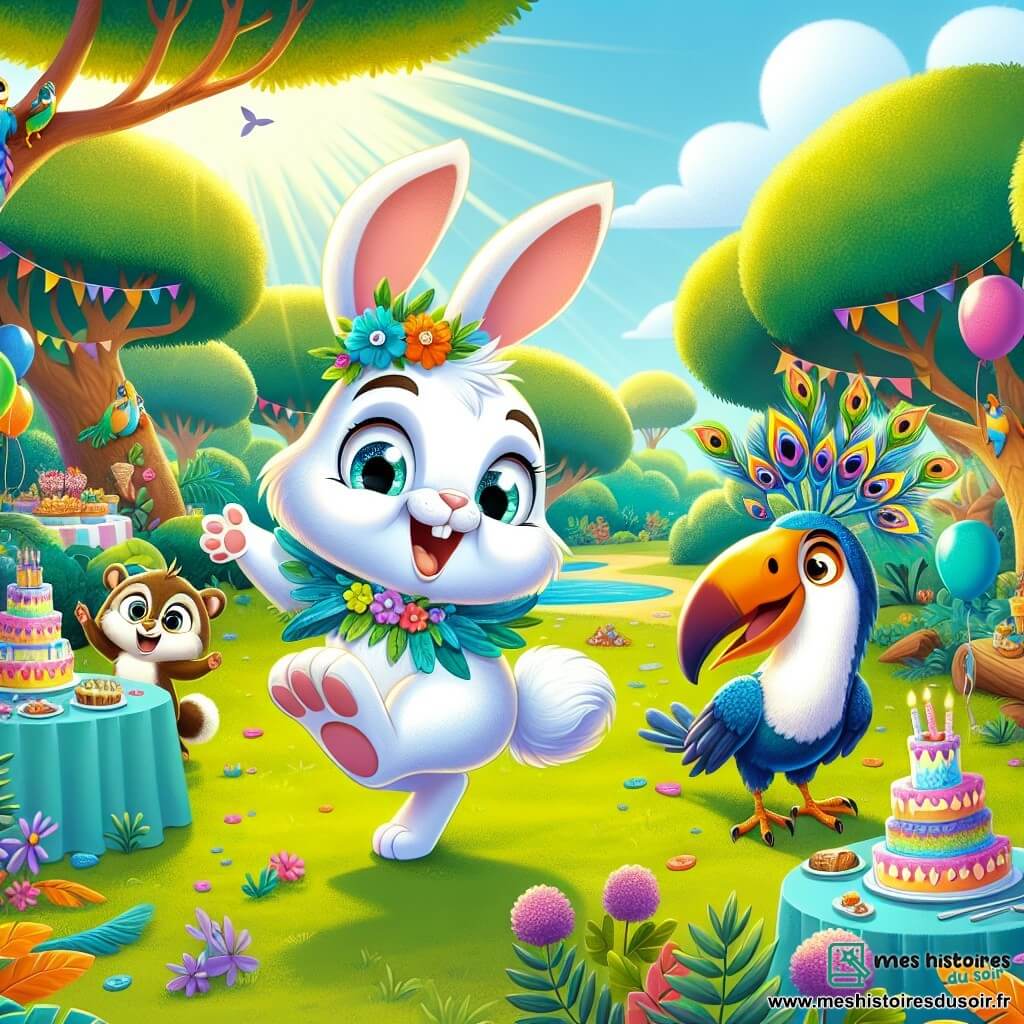 Léo, un lapin aux grandes oreilles et au pelage blanc, sourit en sautillant dans une clairière ensoleillée. Ses yeux brillent d'excitation alors qu'il prépare une fête pour ses amis. À ses côtés, Pavo, un paon aux plumes colorées, se pavane fièrement. Titi, un toucan au bec arc-en-ciel, chante sur une branche avec des fruits exotiques. La clairière, entourée d'arbres majestueux et parsemée de fleurs, est décorée de guirlandes de feuilles et de ballons. Léo et ses amis, joyeux et enthousiastes, s'affairent à préparer la fête.