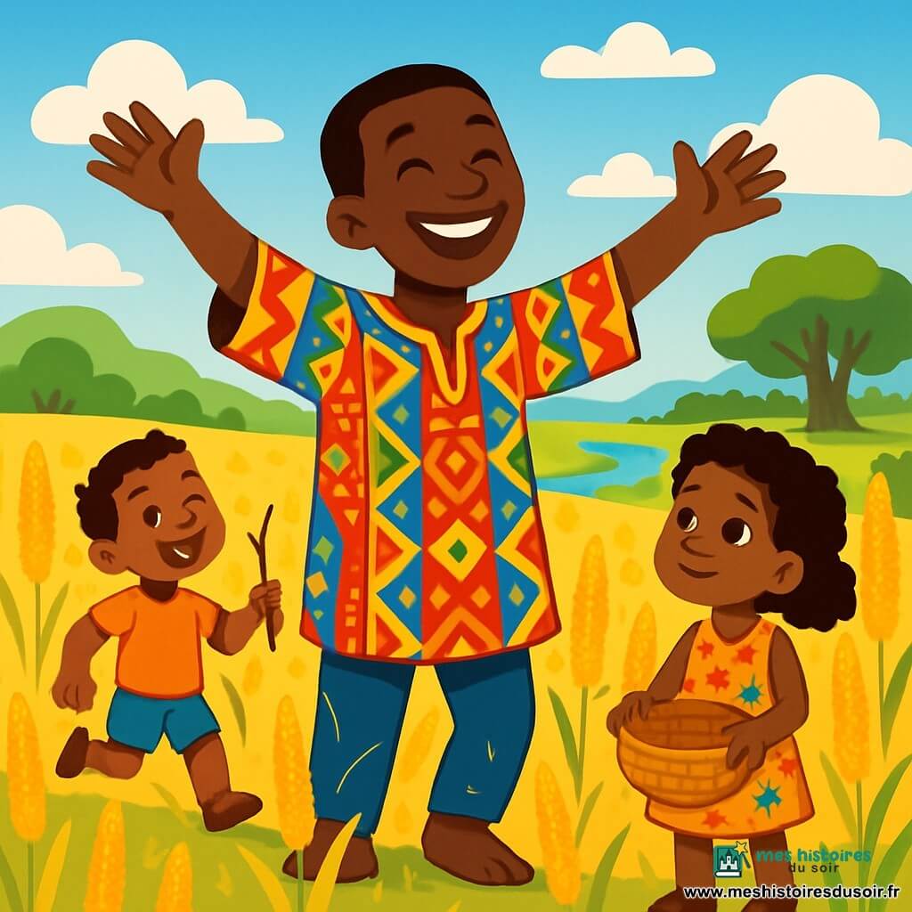 Kofi, un homme grand et souriant, danse au milieu de ses champs de mil dorés, les bras ouverts vers le ciel bleu. Il porte une tunique colorée et son visage exprime bonheur et espoir. À proximité, une petite fille d'environ 8 ans l'observe avec admiration, vêtue d'une robe légère et tenant un panier. Un jeune garçon de 6 ans, souriant et curieux, s'approche en sautillant avec une petite branche. Le champ verdoyant est baigné de lumière dorée, avec des collines à l'horizon et un ciel parsemé de nuages. Kofi célèbre la récolte avec ses voisins, dansant et chantant, entouré de rires d'enfants, tandis que les grains de mil brillent sous le soleil.
