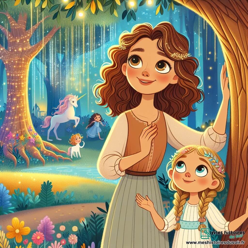 Amélie, une femme souriante aux cheveux châtains ondulés, se tient devant un arbre des rêves. Ses yeux brillent d'émerveillement alors qu'elle touche le tronc rugueux. À ses côtés, Léa, une petite fille de sept ans aux cheveux blonds en tresses, admire l'arbre, prête à croire en ses rêves. La scène se déroule dans une forêt magique, où les arbres scintillent et des créatures fantastiques ajoutent du mystère. Amélie et Léa sont prêtes à découvrir la magie de l'arbre, tandis que des éclats de lumière dorée symbolisent l'espoir et les rêves.