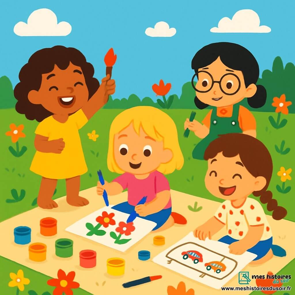 Quatre enfants sont présents : Lila, 7 ans, avec des cheveux bruns et bouclés, portant une robe jaune, souriant à gauche avec un pinceau ; Mila, 6 ans, avec des cheveux blonds raides, vêtue d'un t-shirt rose et d'un short bleu, peignant des fleurs au centre ; Zoé, 7 ans, avec des cheveux châtains et une tresse, habillée d'une blouse à pois, dessinant une route à droite ; et Emma, 6 ans, avec des cheveux noirs et des lunettes, en salopette verte, légèrement en retrait, dessinant une grenouille. L'action se déroule dans un jardin ensoleillé avec des fleurs colorées et de l'herbe verte, autour d'une nappe couverte de pots de peinture et de pinceaux. Les quatre amies peignent ensemble, riant et s'encourageant, tandis qu'Emma, un peu timide, commence à dessiner sa grenouille, applaudie par ses amies. Les couleurs vives créent une atmosphère joyeuse et confiante.