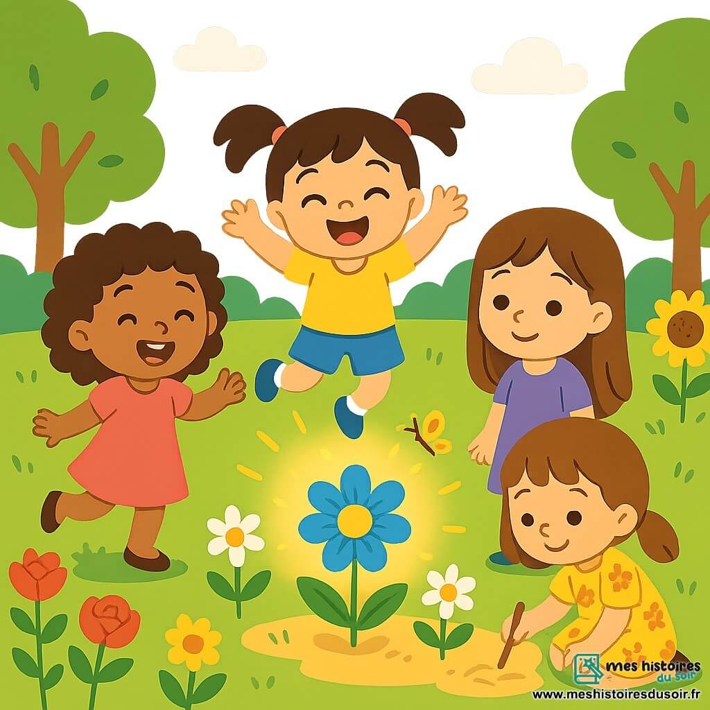 Il y a quatre enfants : Lila, une petite fille de 4 ans avec des cheveux bouclés couleur chocolat et une robe rose, souriante à gauche de l'image ; Zoé, avec des yeux pétillants et des cheveux lisses en couettes, portant un t-shirt jaune et un short bleu, sautillant au centre ; Mia, en robe violette avec des cheveux longs, émerveillée par une fleur bleue à droite de Lila ; et Chloé, avec des cheveux châtains et une robe à fleurs, accroupie en train de dessiner dans le sable à droite. L'action se déroule dans un parc coloré avec des fleurs éclatantes et une belle fleur bleue au centre, sous un ciel bleu clair. Les filles sont réunies autour de la fleur bleue, fermant les yeux et rêvant d'aventures, tandis qu'un papillon doré vole autour d'elles, ajoutant une touche de magie.