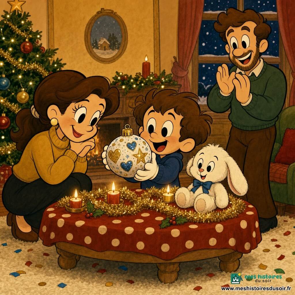 Un garçon de 4 ans au visage rond et cheveux châtains en bataille, yeux brillants, tient une boule de Noël blanche décorée de cœurs, étoiles et paillettes bleues et dorées; sa mère d'une trentaine d'années, accroupie à gauche, sourit tendrement en regardant la boule posée sur la table; son père, une trentaine d'années avec une légère barbe, se tient en arrière-plan à droite en applaudissant; un petit lapin en peluche blanc nommé Pompom, oreille retombante, est posé sur la table; le salon chaleureux comprend un tapis crème, une table basse en bois clair avec un napperon à pois rouges, guirlandes dorées, bougies allumées, lumières chaudes et confettis; la famille est réunie autour de la table, le garçon présente fièrement sa boule dans une ambiance douce de réveillon festif.