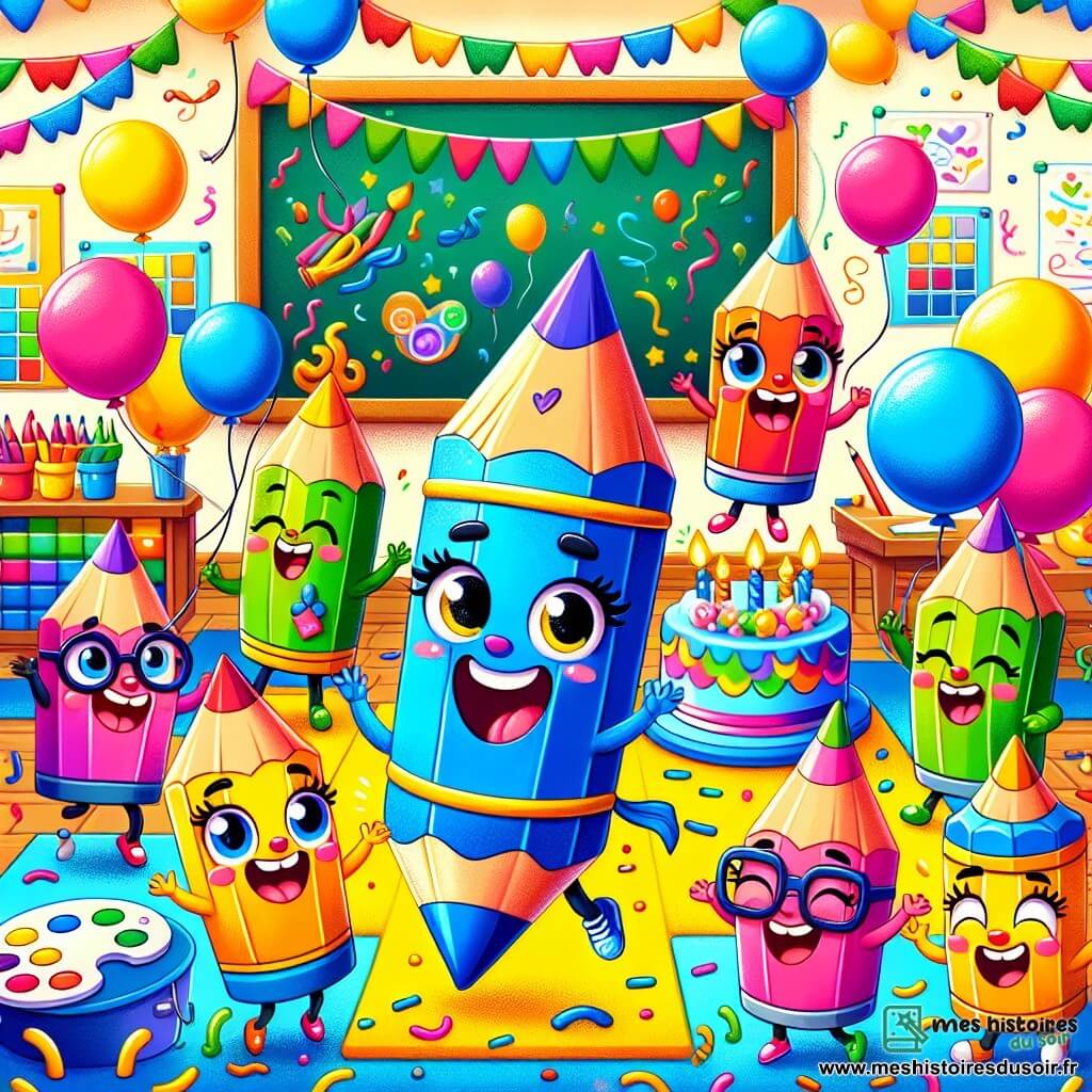 Petit Crayon, un crayon bleu vif souriant, danse joyeusement au milieu de la classe, entouré de ballons colorés. Ses amis, un crayon rouge riant, un crayon vert applaudissant et un crayon jaune faisant des pirouettes, sont également présents, tous heureux. La salle est décorée de guirlandes et d'un tableau rempli de dessins, avec un gâteau en forme de palette de peinture. Petit Crayon célèbre son anniversaire dans une ambiance festive et joyeuse, entouré de ses amis.