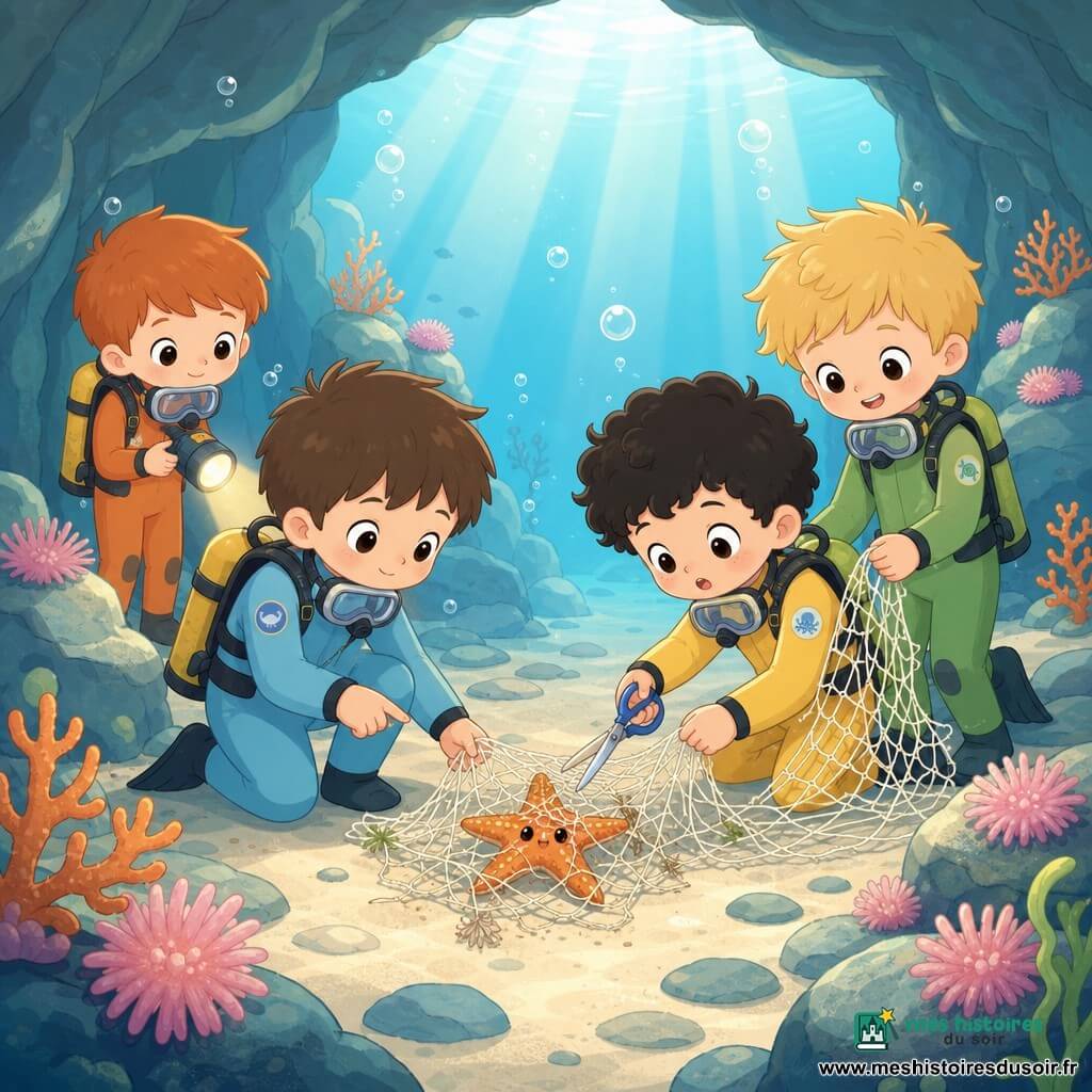 Quatre garçons de 6 ans — Nino (cheveux bruns, combinaison bleu clair) au centre-gauche montrant où couper, Léo (blond, combinaison verte) tenant le filet à droite, Sam (noir frisé, combinaison jaune) coupant doucement le filet avec des ciseaux à bout rond près de l’étoile, et Tom (roux, combinaison orange) éclairant la scène depuis l’arrière — libèrent calmement une étoile de mer orange coincée dans un filet blanc abîmé dans une grotte sous-marine peu profonde aux parois bleu-vert, anémones roses, coraux orange, sable clair et bulles, ambiance lumineuse et colorée, style kawaii minimal aux formes simples, contours doux et couleurs pastel saturées.