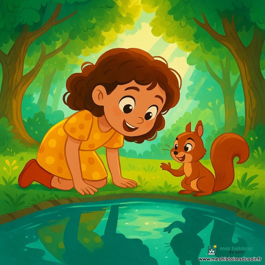 Clara, une petite fille de 8 ans aux cheveux châtains bouclés et aux yeux curieux, se tient au bord d'un lac scintillant. Elle porte une robe jaune à pois et des bottes en caoutchouc, affichant un visage émerveillé. À ses côtés, un écureuil roux aux yeux brillants semble lui parler et l'encourage à regarder dans l'eau. La scène se déroule dans une forêt enchantée, avec des arbres majestueux et des rayons de soleil créant des motifs lumineux au sol. Clara se penche au-dessus du lac, fascinée par son reflet et celui d'une silhouette mystérieuse, tandis que l'écureuil l'observe attentivement.