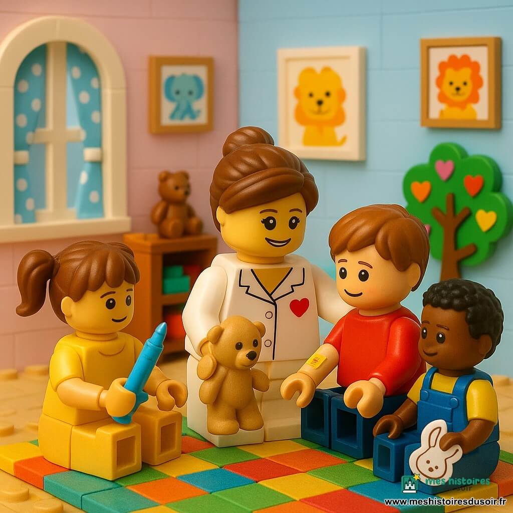Une femme médecin souriante aux cheveux châtain en chignon, en blouse blanche avec une poche brodée d’un cœur, est assise sur un tapis coloré, tenant un petit ours en peluche et posant une main réconfortante sur l'épaule d'un enfant ; elle montre un pansement décoré d'étoiles, son expression est bienveillante et rassurante. Tom, environ 4 ans, le visage un peu rougi et souriant timidement, est assis à côté d’elle avec un petit pansement au bras, regard soulagé. Autour d’eux, une fille de 5 ans en robe jaune aux couettes touche une seringue-jouet et un garçon de 3 ans en salopette bleue tient un autocollant lapin ; tous sont en demi-cercle. Le décor rappelle une crèche en briques LEGO aux murs pastel, grandes fenêtres arrondies avec rideaux à pois, étagères basses de doudous et blocs, affiches d’animaux souriants et un grand arbre en papier couvert de cœurs. L’éclairage est chaud et doux, textures nettes et couleurs vives pour une ambiance tendre, sécurisante et optimiste après un petit soin.