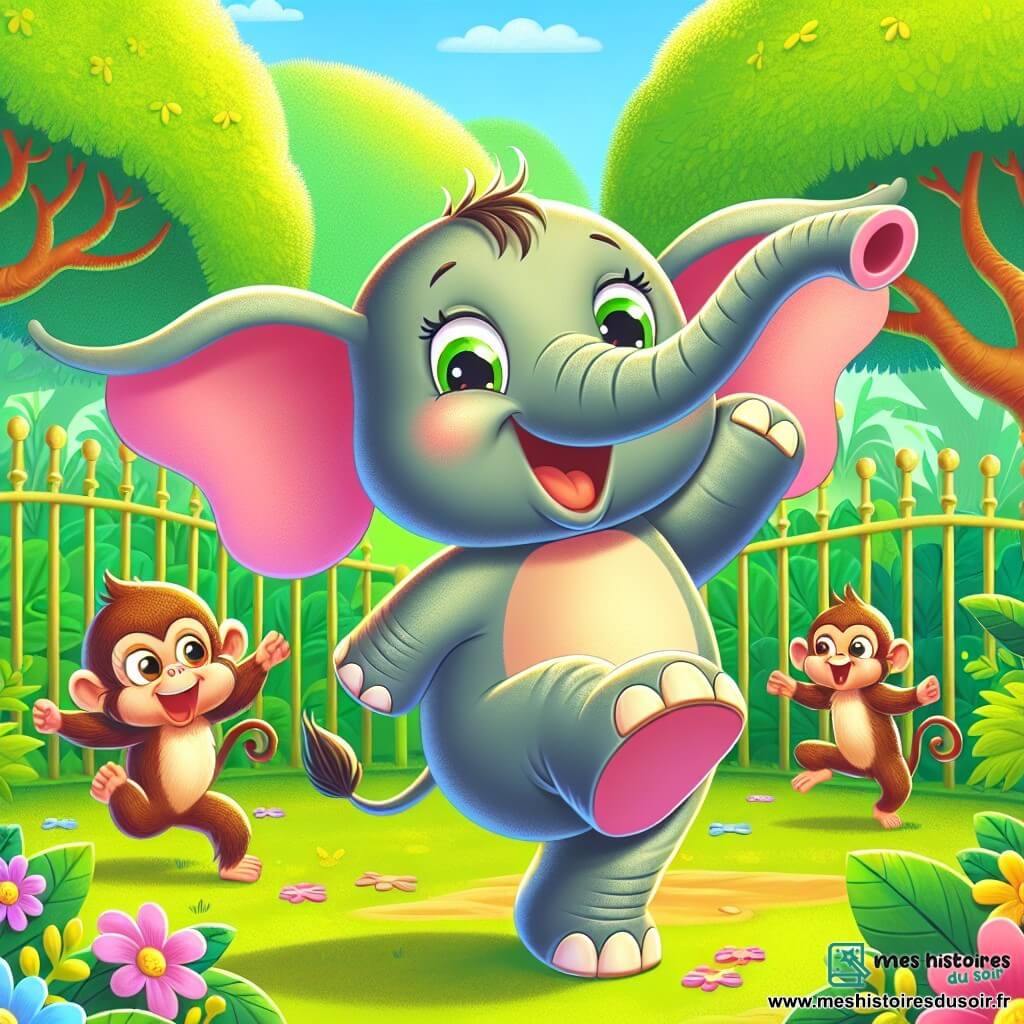 Un éléphant joyeux nommé Éli danse avec entrain dans un enclos de zoo verdoyant, rayonnant de bonheur. À proximité, des singes malicieux sautent de branche en branche, riant de sa danse. Le sol est couvert de feuilles vertes et de fleurs colorées, tandis que des arbres majestueux entourent l'enclos. Éli, souriant, danse avec les encouragements des singes, créant une ambiance festive.