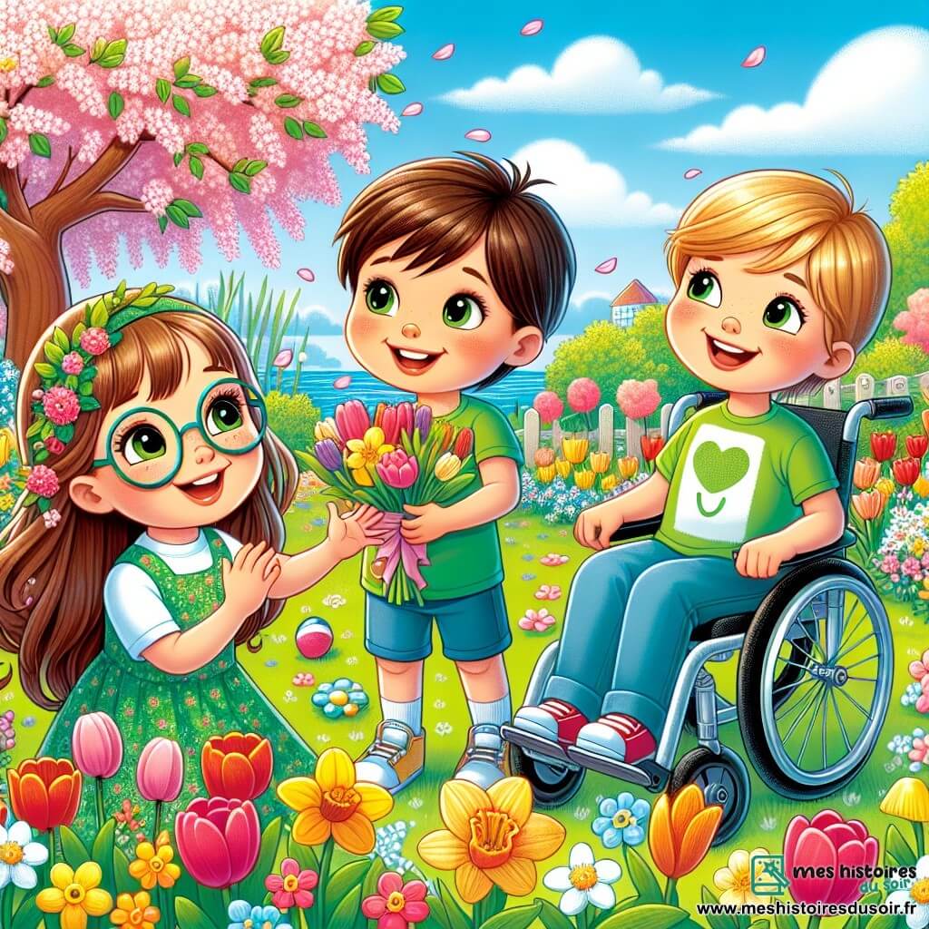 Dans un jardin ensoleillé, trois enfants sont réunis : Mia, 8 ans, souriant avec un bouquet de fleurs colorées, Lucas, 7 ans, riant en lançant une balle, et Léo, 6 ans en fauteuil roulant, regardant ses amis avec joie. Le jardin est rempli de fleurs éclatantes et le ciel est bleu avec quelques nuages. Ils célèbrent le printemps en organisant une petite fête sous un cerisier, partageant des collations et jouant ensemble, entourés par la beauté de la nature.