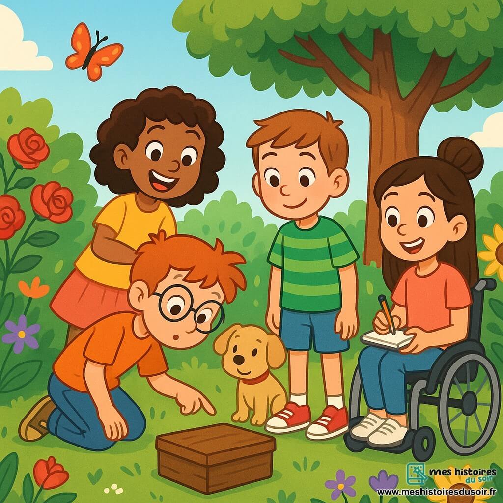 Quatre enfants, deux garçons et deux filles, se tiennent dans un jardin coloré. Lucas, 10 ans, avec des lunettes rondes et des cheveux ébouriffés, examine une boîte mystérieuse au sol. À côté de lui, Emma, 9 ans, aux cheveux bouclés, pointe la boîte avec excitation. Jules, 10 ans, en t-shirt à rayures, observe la scène avec son petit chien Biscuit. Sofia, 9 ans, en fauteuil roulant, sourit et prend des notes. Le jardin est rempli de fleurs éclatantes et un grand chêne offre de l'ombre. Les enfants découvrent une boîte pleine de lettres anciennes et de souvenirs oubliés, prêts à percer son mystère.
