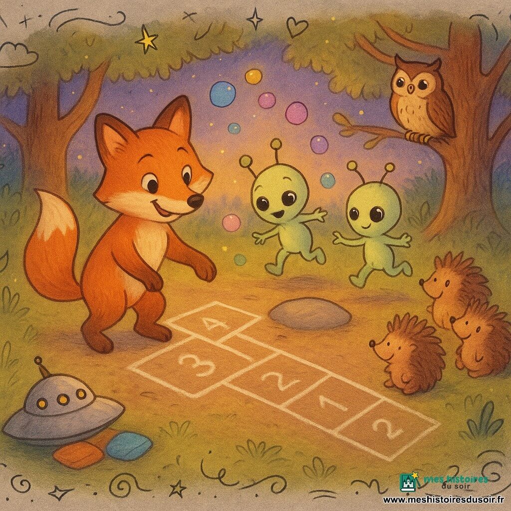 Léo, renard roux au pelage brillant, trace une marelle à la craie en invitant Pruk, Pipo et Pata — trois petits extraterrestres verts en forme de graine — qui sautillent maladroitement autour d'une grande pierre centrale éclairée, tandis qu'une chouette perchée observe, une famille de hérissons attend au bord, des lucioles scintillent au-dessus et une petite soucoupe argentée a déposé des coussins ; clairière ronde aux troncs chaleureux, mousse au sol, lumière crépusculaire dorée et violette, ambiance conviviale et ludique avec bulles colorées soufflées par les aliens et textures dessin au crayon en overlay.
