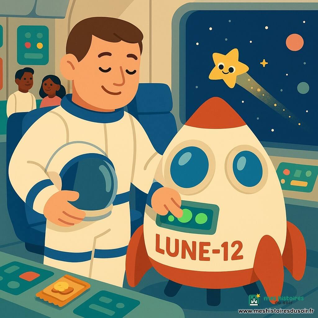 Malo, homme calme au visage rond et cheveux châtain courts, porte une combinaison spatiale blanche à bandes bleues et tient son casque sous le bras; il sourit doucement en appuyant sur un grand bouton vert dans la cabine de la petite fusée Lune-12, une voiturette ronde crème et rouge aux hublots brillants et trois voyants verts; un minuscule être-étoile jaune aux yeux noirs flotte près de la fenêtre en laissant une traînée pailletée; l'intérieur du port spatial est cosy avec parois métalliques, panneaux colorés, siège en cuir bleu et une grande fenêtre sur un ciel étoilé pastel; Malo prépare le décollage et remarque le petit point lumineux à l'extérieur; composition simple, couleurs contrastées et atmosphère rassurante pour un enfant de 4 ans.