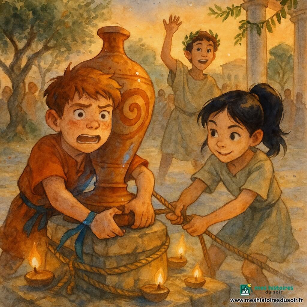 Un garçon de 12 ans, visage rond et taches de rousseur, cheveux châtain courts en bataille, expression paniquée mais déterminée, tient le socle d’une grande lampe en terre cuite pour l’empêcher de basculer; à ses côtés Inès, 12 ans, queue de cheval noire, regard malicieux mais inquiet, tire doucement une corde pour sécuriser la lampe; Thalès, garçon d’environ 12 ans à la peau bronzée et couronne d’olivier, sourit et appelle des voisins pour renforcer les cordes; la grande lampe décorée d’une spirale et d’émail rouille est posée sur un socle de pierre entouré de cordes et de petites lampes allumées; place pavée bordée de colonnes blanches, oliviers et villageois en toge en arrière-plan, crépuscule aux lumières dorées et ombres longues, un ruban bleu vif au poignet du garçon effleure la lampe en produisant un éclat bleu, composition centrée et cadrage serré avec textures aquarelle.